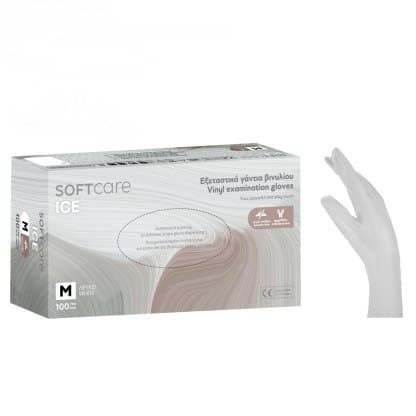 Εξεταστικά Γάντια Βινυλίου Soft Care ICE  χωρίς πούδρα, σε κρεμώδες λευκό χρώμα.