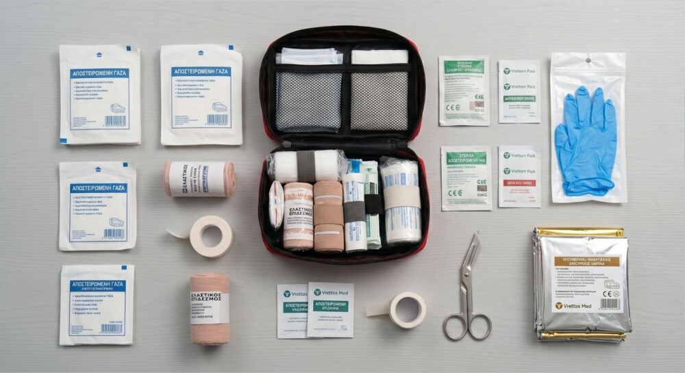 Πλήρες φαρμακείο αυτοκινήτου με γάζες, επιδέσμους και αντισηπτικά σύμφωνα με το νόμο