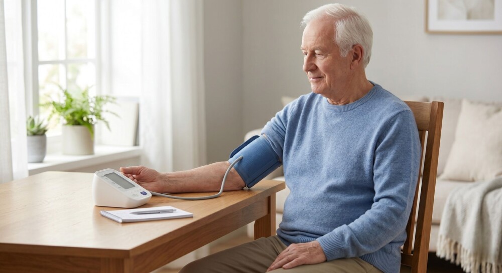 Ηλικιωμένος άνδρας μετράει την αρτηριακή του πίεση χρησιμοποιώντας πιεσόμετρο μπράτσου στη σωστή στάση σώματος.
