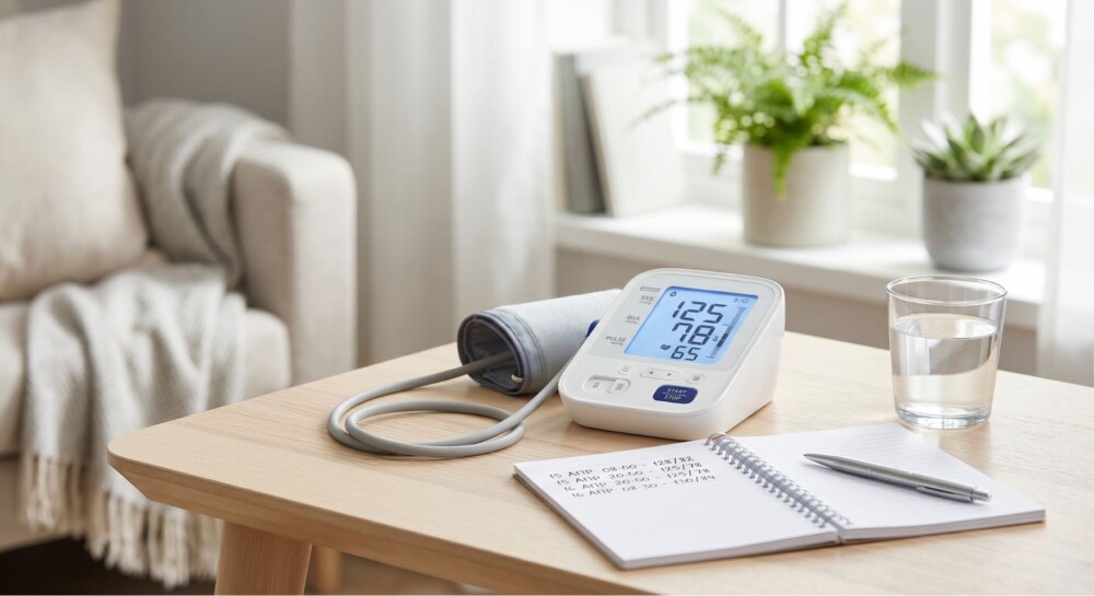 Ψηφιακό πιεσόμετρο μπράτσου πάνω σε τραπέζι μαζί με σημειωματάριο για αξιόπιστη καθημερινή μέτρηση στο σπίτι.