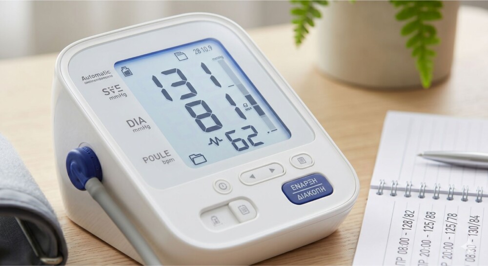 Κοντινή όψη μεγάλης οθόνης από ένα ψηφιακό πιεσόμετρο μπράτσου που εμφανίζει καθαρά τις ενδείξεις της μέτρησης.